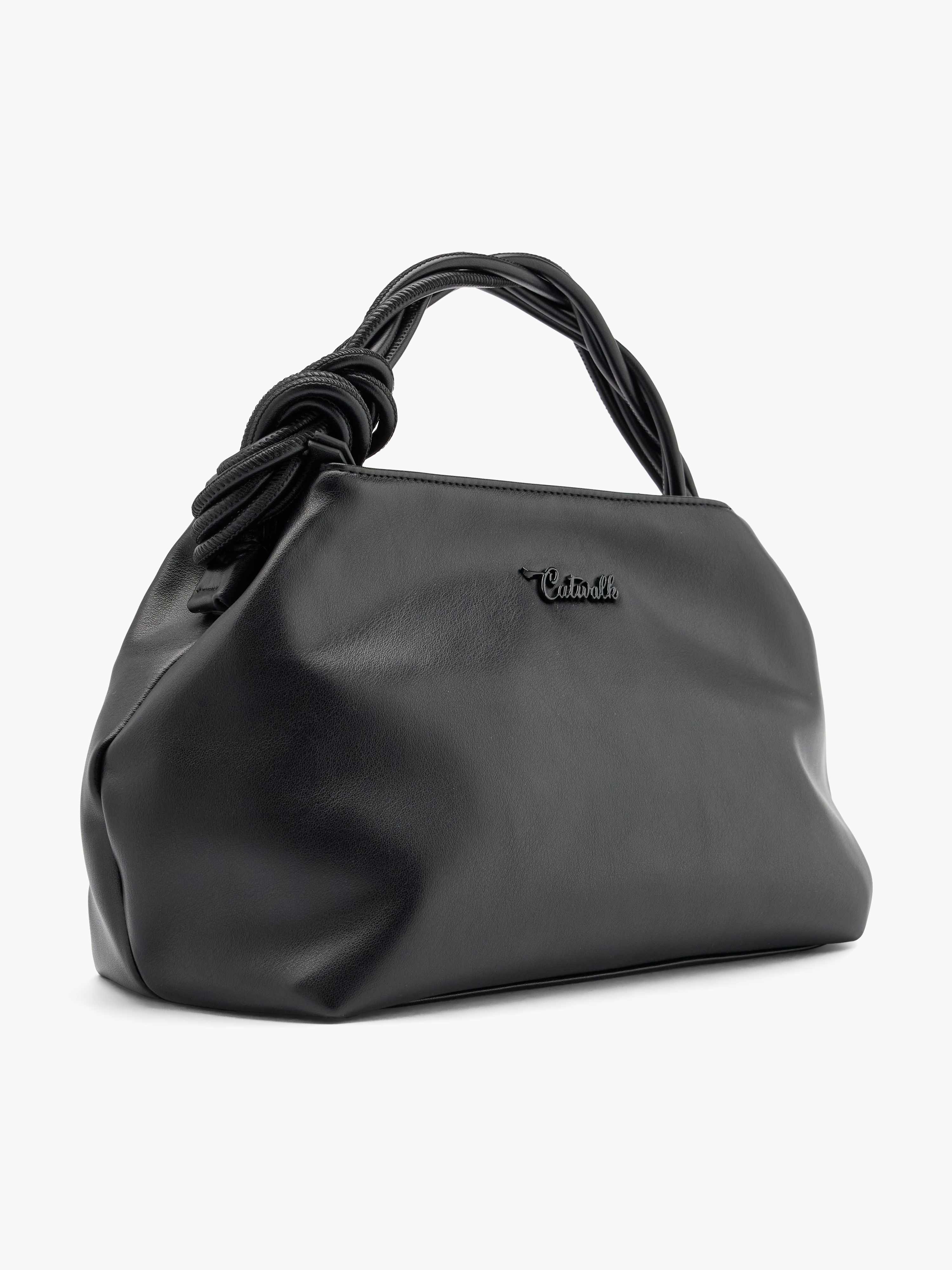 Bauchige Leder-Handtasche in Schwarz