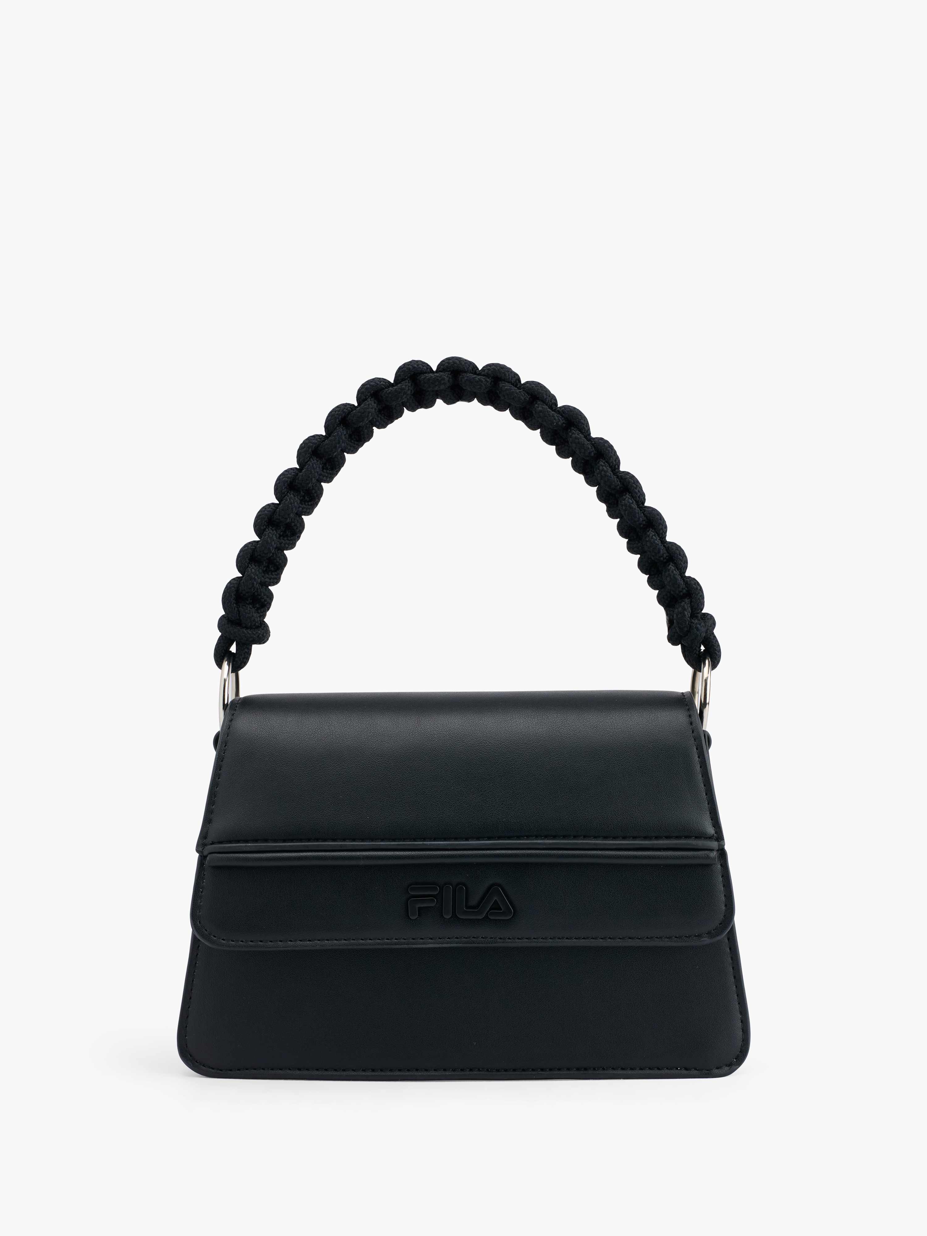 Tiefschwarze Handtasche mit Steppung und geflochtener Trageschlaufe