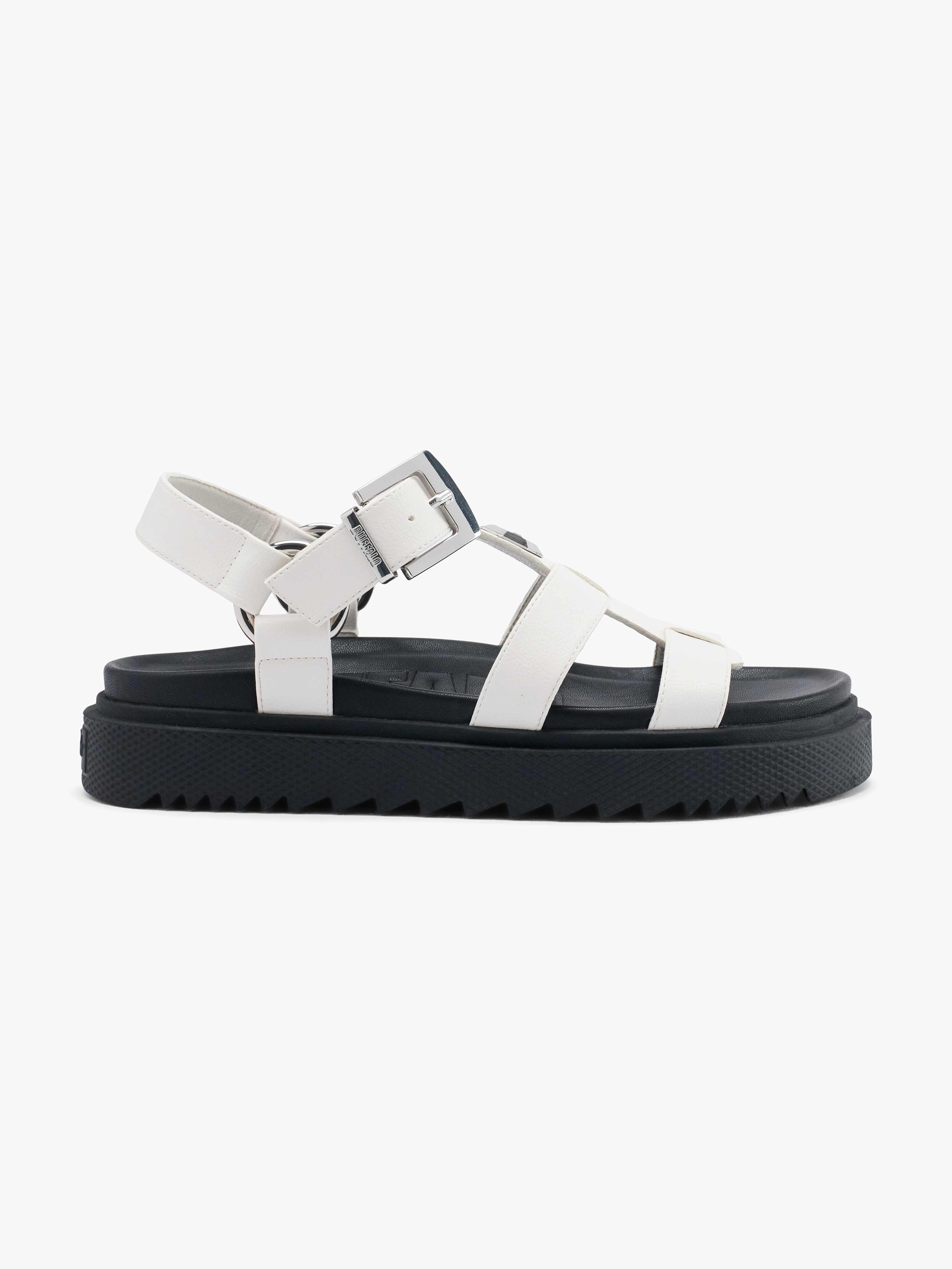 Chunky Sandale in Schwarz-Weiß, dunkle Sohle mit weißen Bändern
