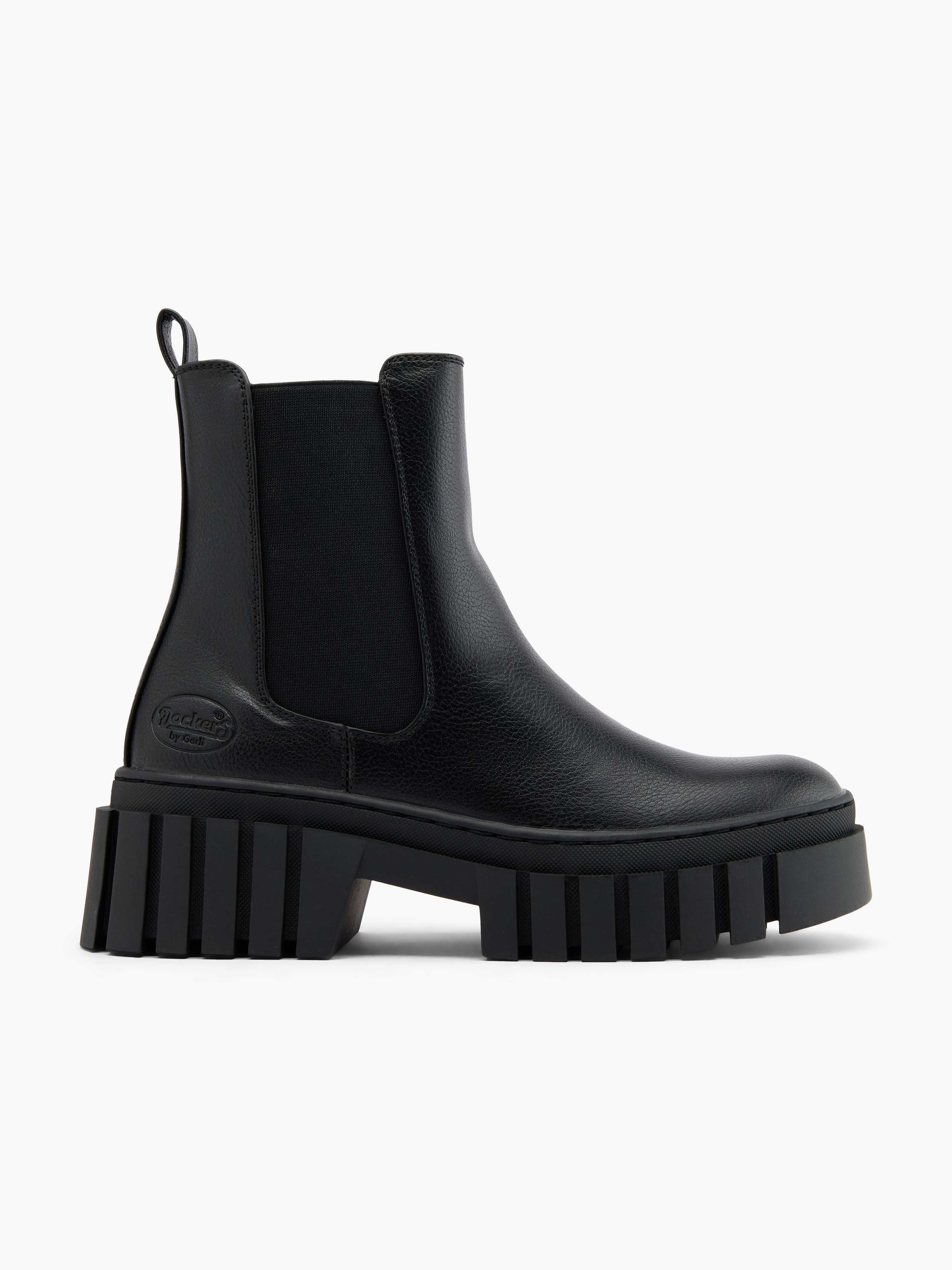 Schwarzer Rebel Boot mit dicker Sohle und Blockabsatz