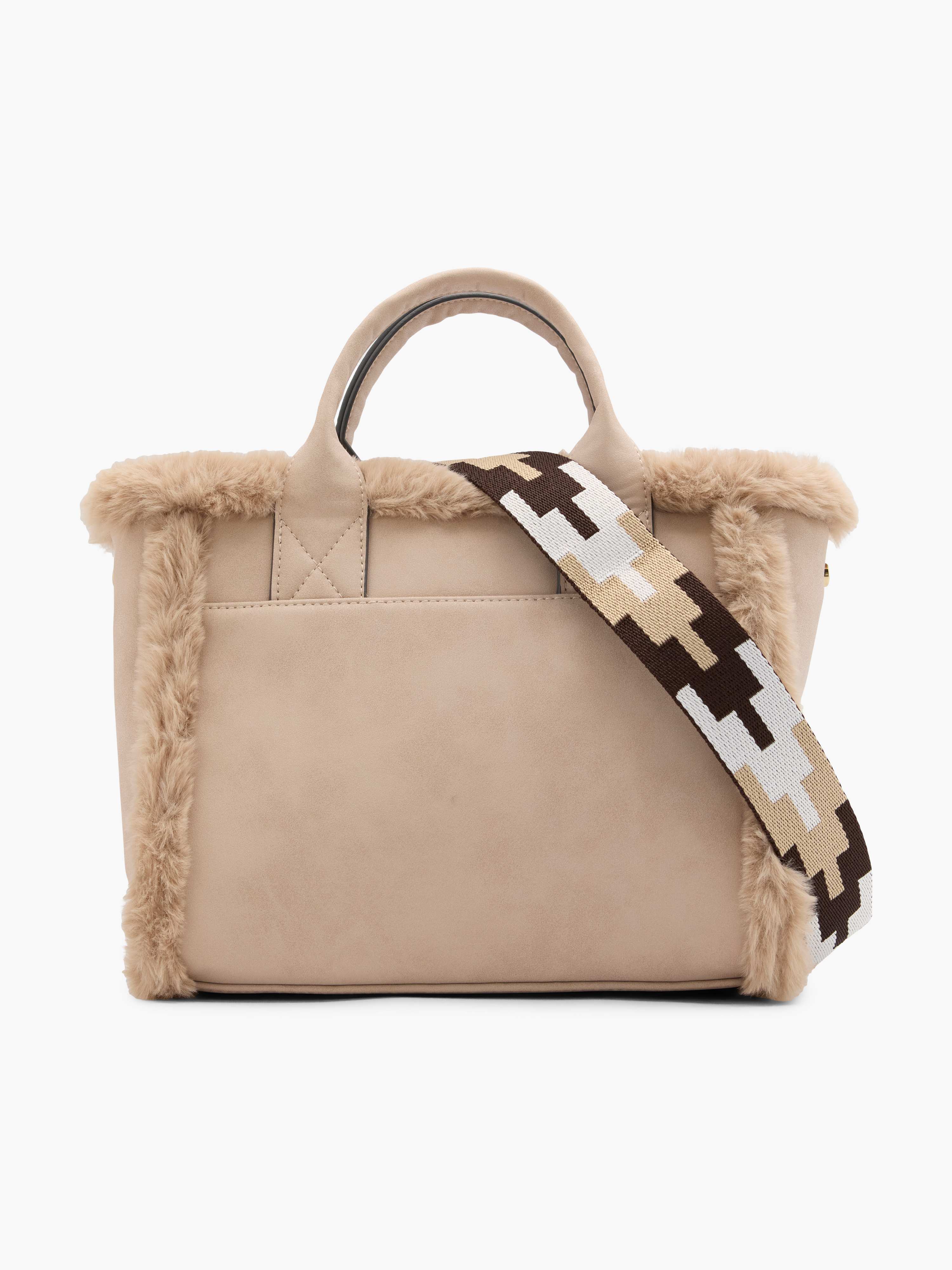 Beigefarbene Faux Fur-Tasche mit strukturiertem Band