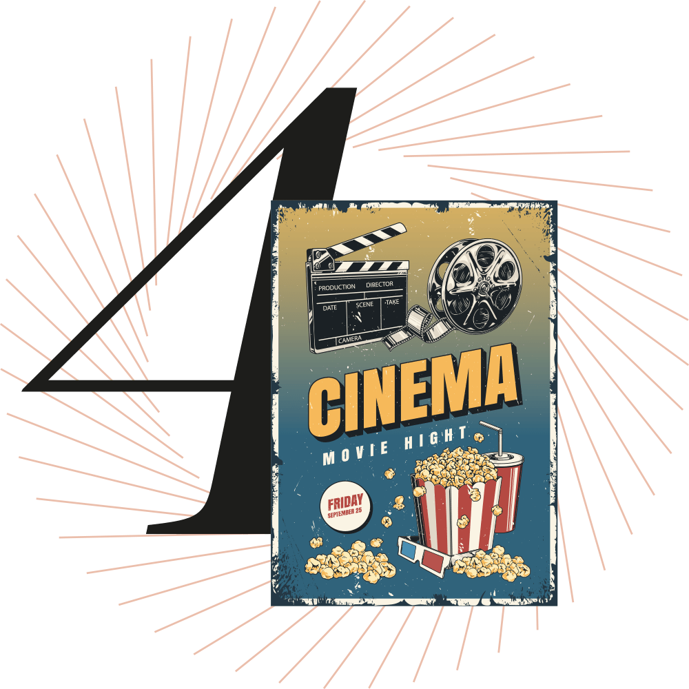 Eine Motivkarte mit mehreren Film-Grafiken, schwarze Ziffer 4 im Bild