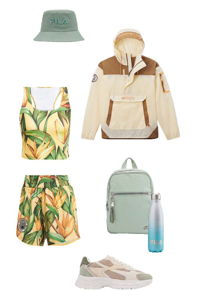 Kollektion mehrerer Fashion-Essentials für einn Wandertrip