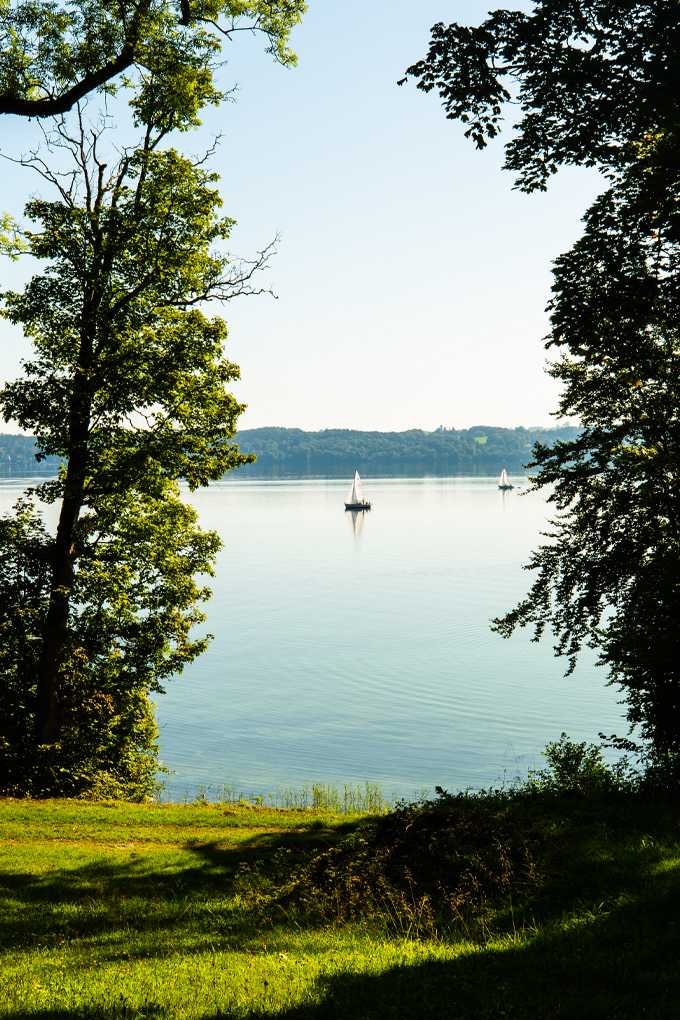 Aussicht auf den Starnberger See von Wiese aus, mit Schiffen auf dem Wasser