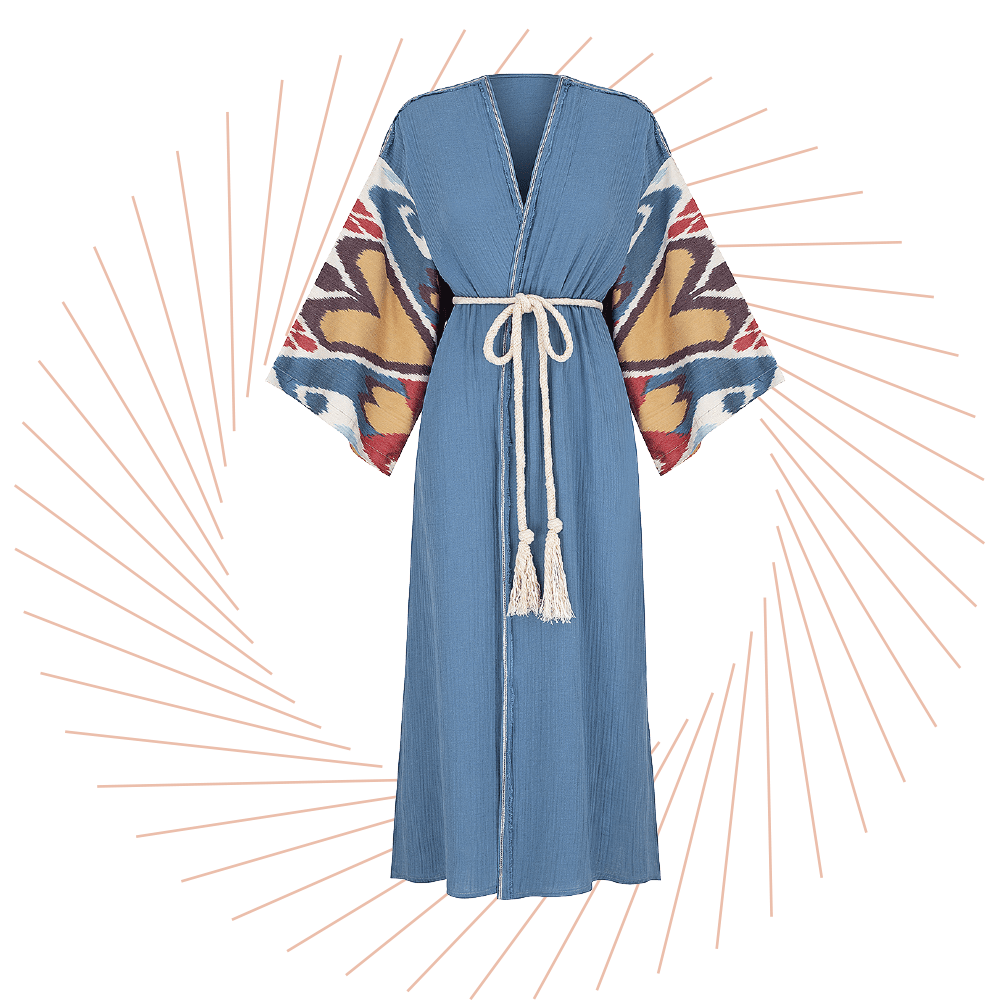 Blauer, luftiger Kimono mit bunten Armen und weißer Kordel