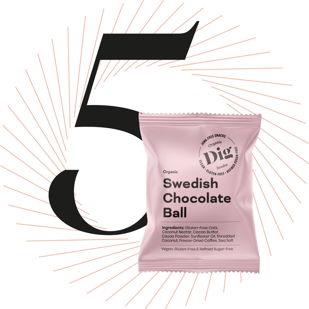 "Organic Swedish Chocolate Ball“ in rosa Verpackung, schwarze Ziffer 5 im Bild