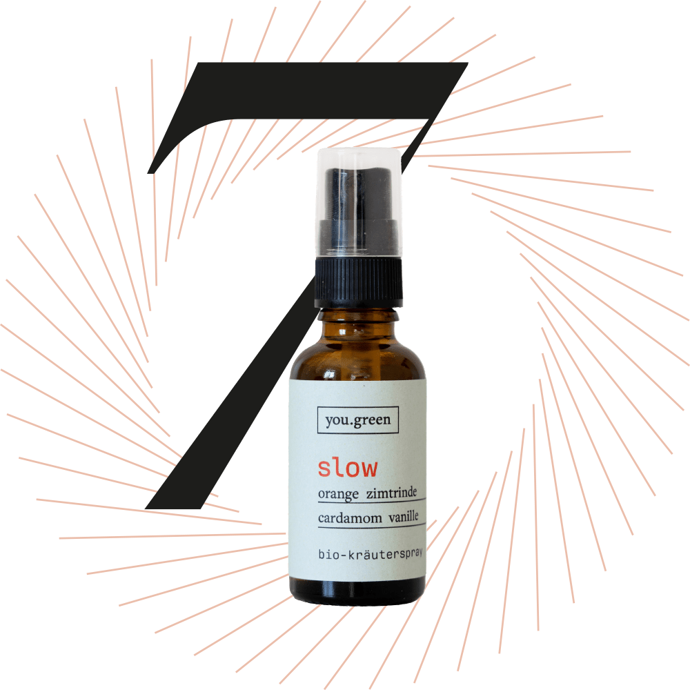 Flasche „Slow“ Bio-Kräuterspray von YOU.GREEN, schwarze Ziffer 7 im Bild