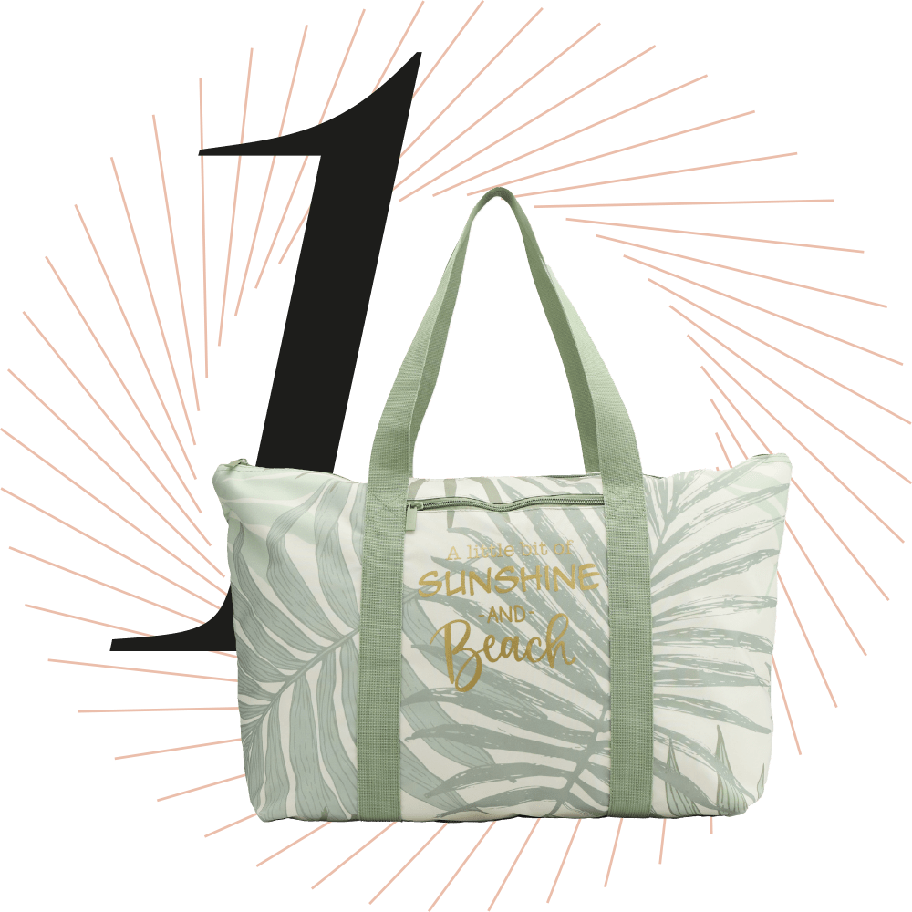 Hellblaue Badetasche in Shopper-Optik, schwarze Ziffer 1 im Hintergrund