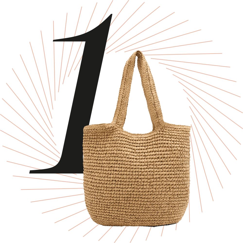 Hellbraune Basttasche, schwarze Ziffer 1 im Hintergrund