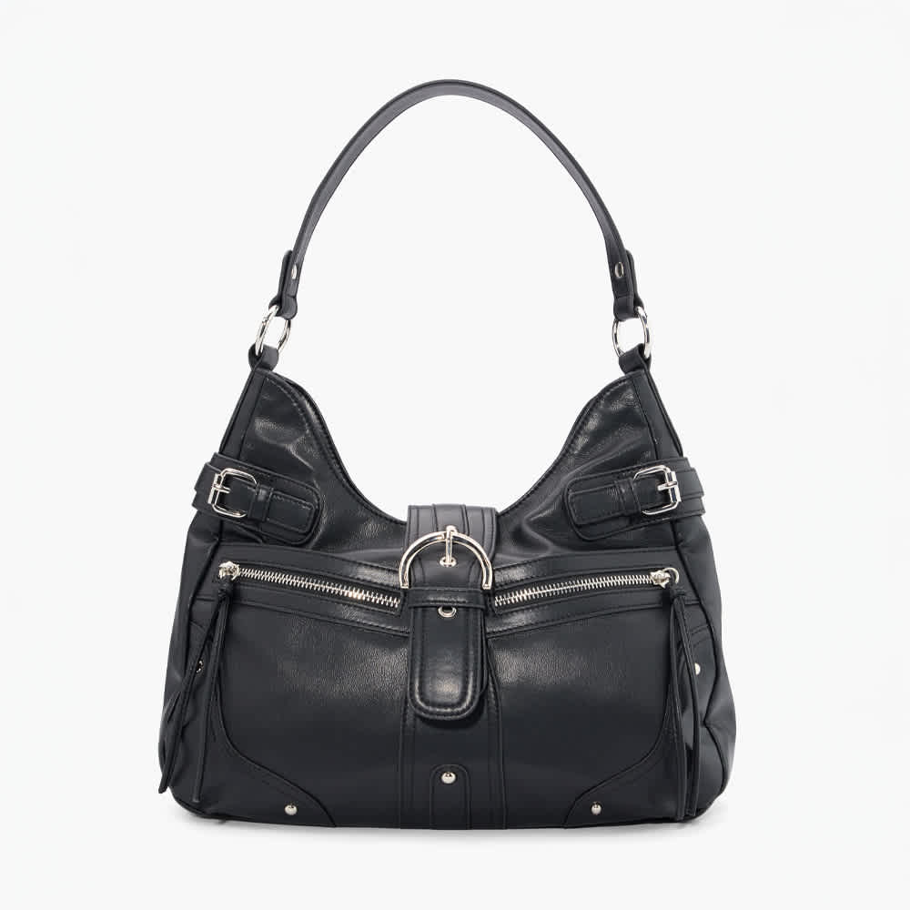 Schwarze Handtasche mit Schnallen im Utility Style