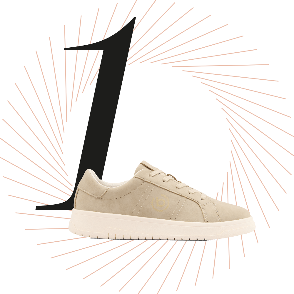Beiger Sneaker, schwarze Ziffer 1 im Hintergrund