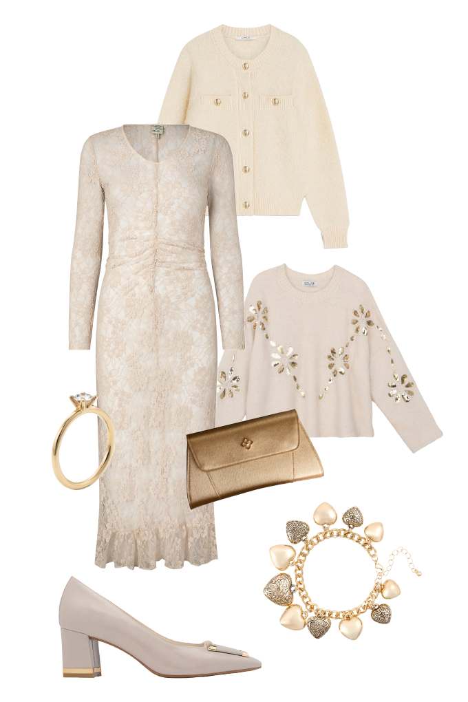 Winterhochzeit-Outfit im Off-White-Look mit Spitze