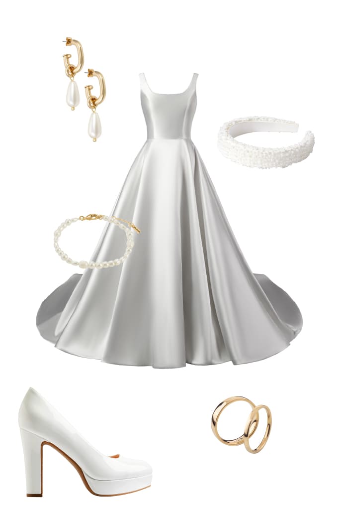 Weißes Seidenkleid mit weißem Schmuck, passend für ein Winterhochzeit-Outfit