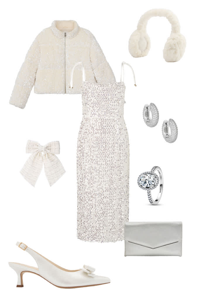 Outfit für eine Winterhochzeit, bestehend aus glitzerndem Kleid mit passendem Schmuck, Clutch und Slingpumps