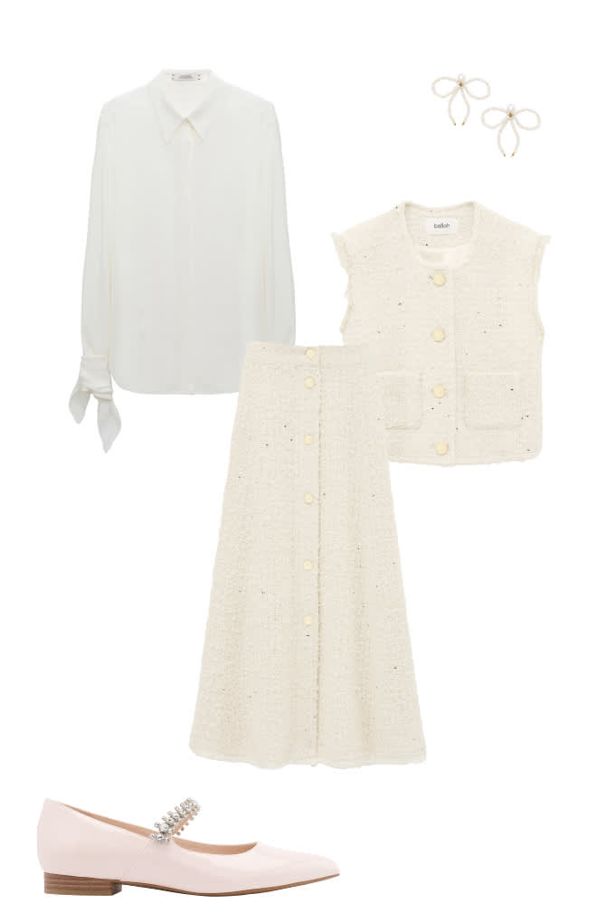 Hochzeits-Outfit aus hellem Tweed-Set mit Weste und Rock, weißer Bluse und Ballerinas