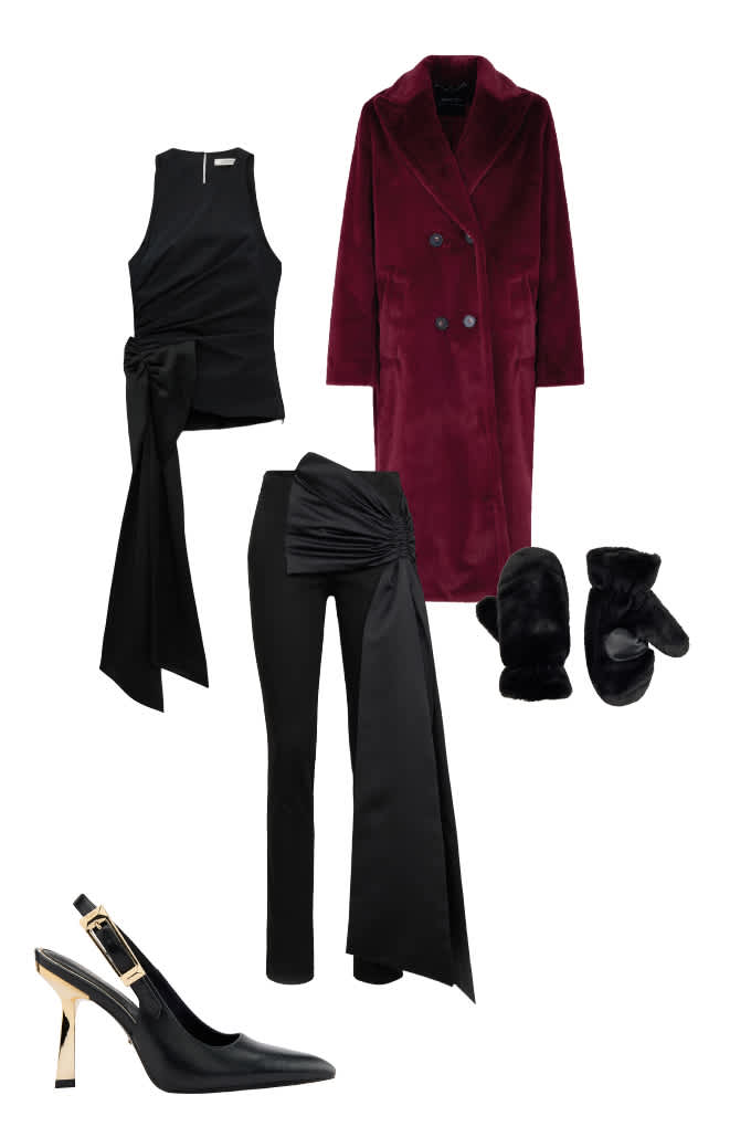 Schwarz-rotes Hochzeits-Outfit mit langem Mantel, Hose mit Satinschleife und Slingbacks
