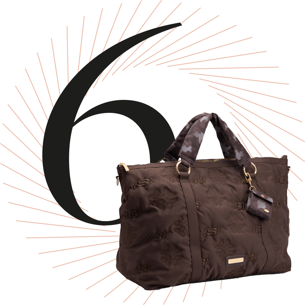 Dunkelbraune Shopper-Bag, schwarze Ziffer 6 im Hintergrund
