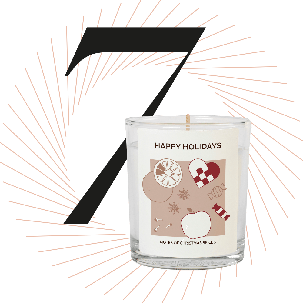 Duftkerze mit Happy Holidays-Schriftzug, schwarze Ziffer 7 im Hintergrund