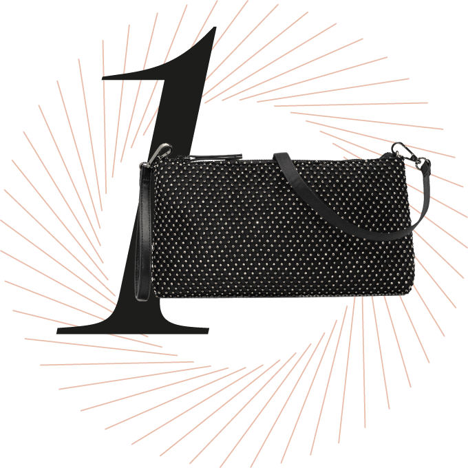 Schwarze Clutch mit Strass-Steinen, schwarze Ziffer 1 im Hintergrund