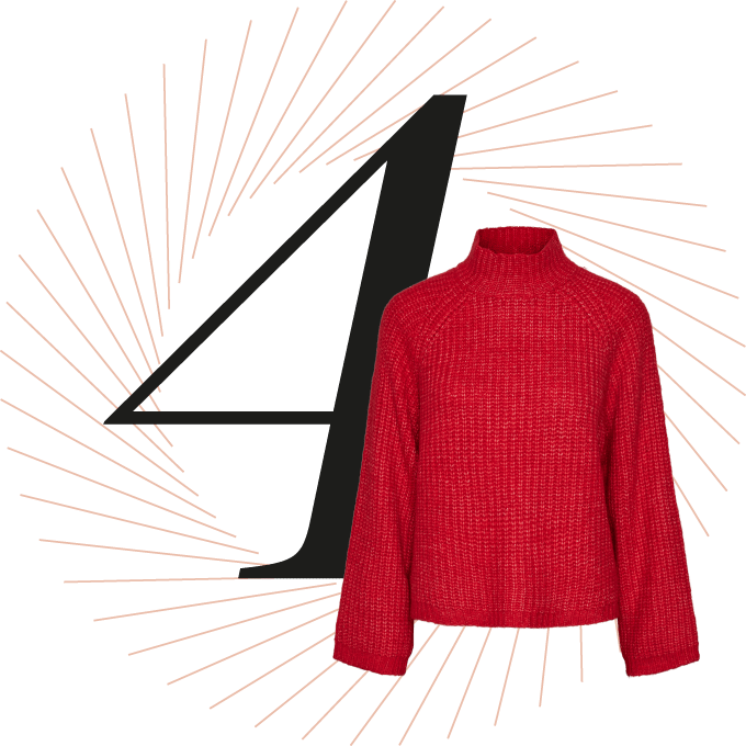 Knallroter Kuschel-Sweater, schwarze Ziffer 4 im Hintergrund