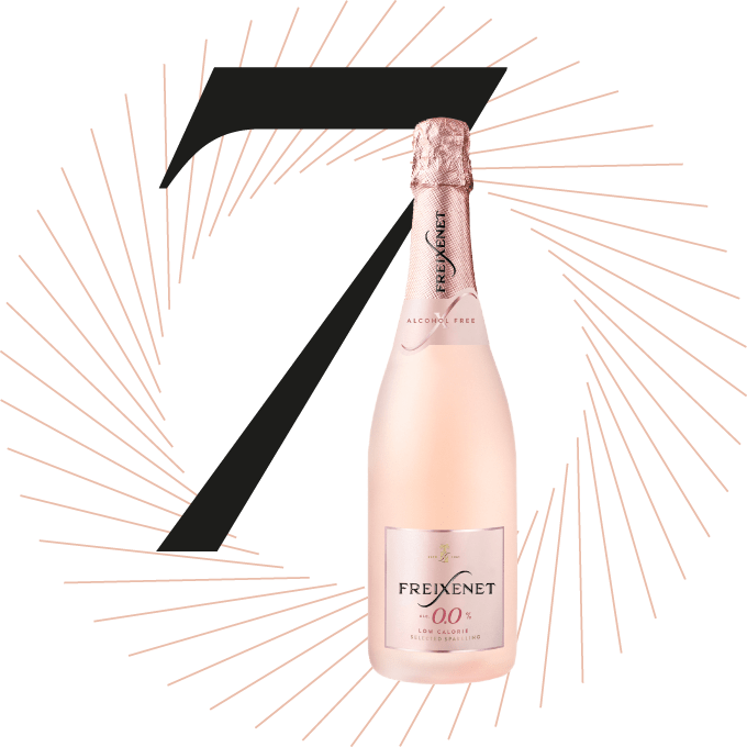 Roséfarbene Champagnerflasche, schwarze Ziffer 7 im Hintergrund