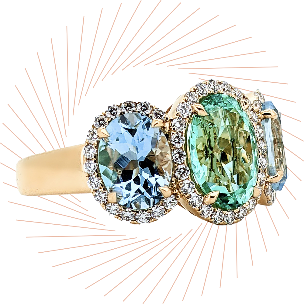 Mehrfarbiger Schmuck-Anstecker mit Gold- und Diamant-Elementen