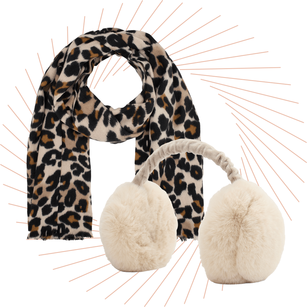 Halstuch im Animal Print-Design mit flauschigen Ohrenwärmern in Weiß