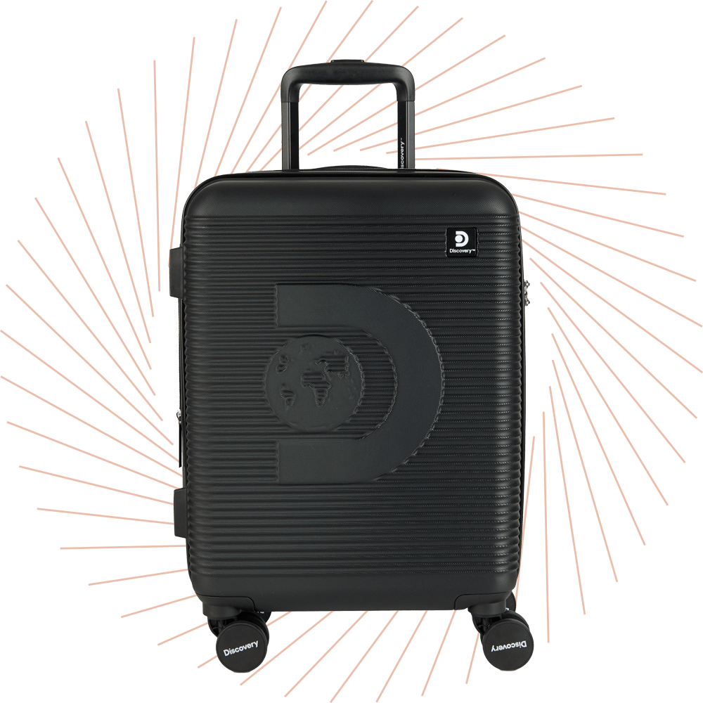 Schwarzer Rollkoffer mit "D"-Aufdruck