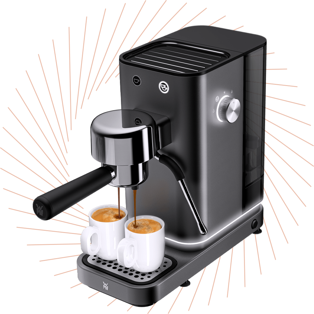 Silberne Kaffeemaschine mit zwei Kaffeetassen