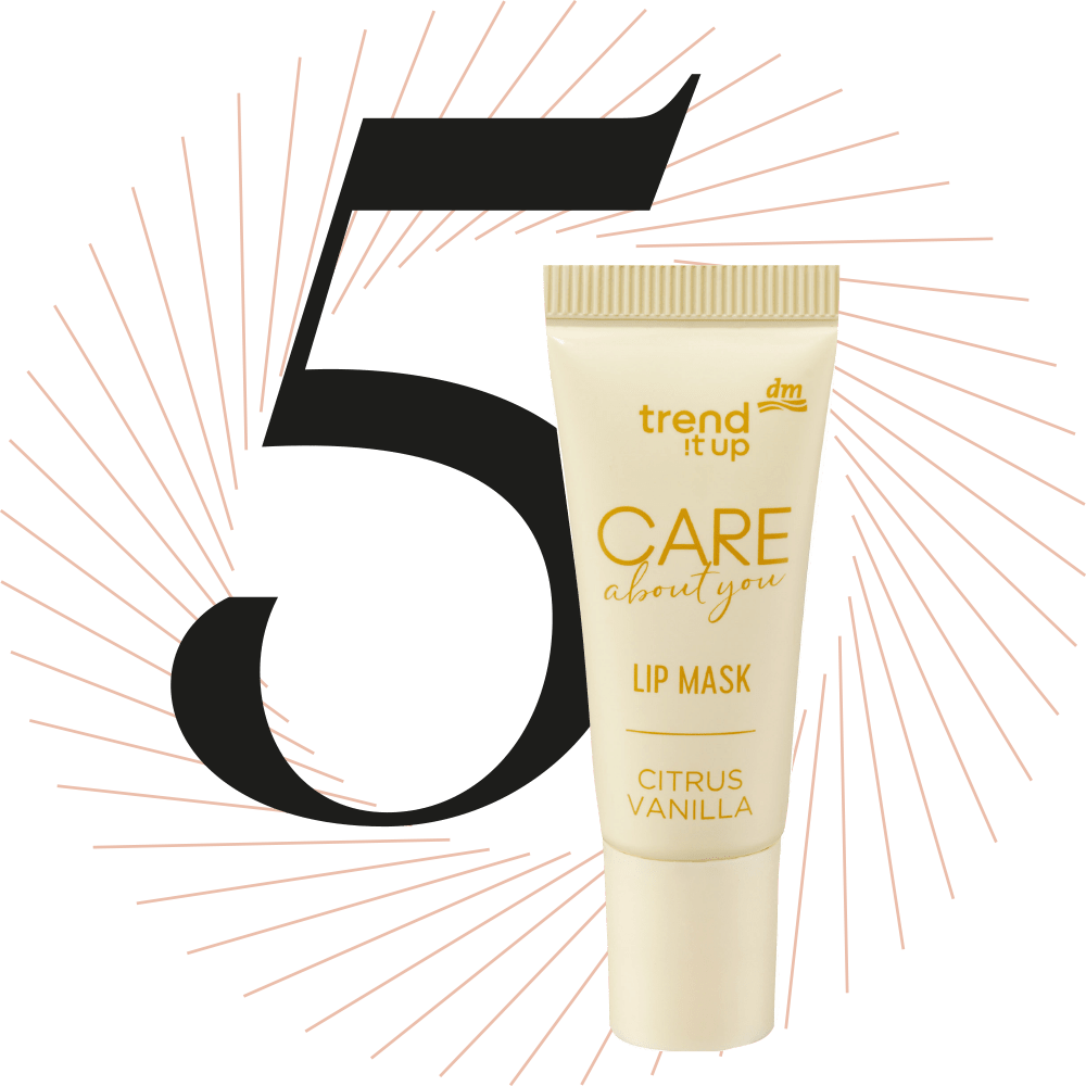 Gelbe Flasche mit Lip Mask der Marke "trend it up", schwarze Ziffer 5 im Hintergrund