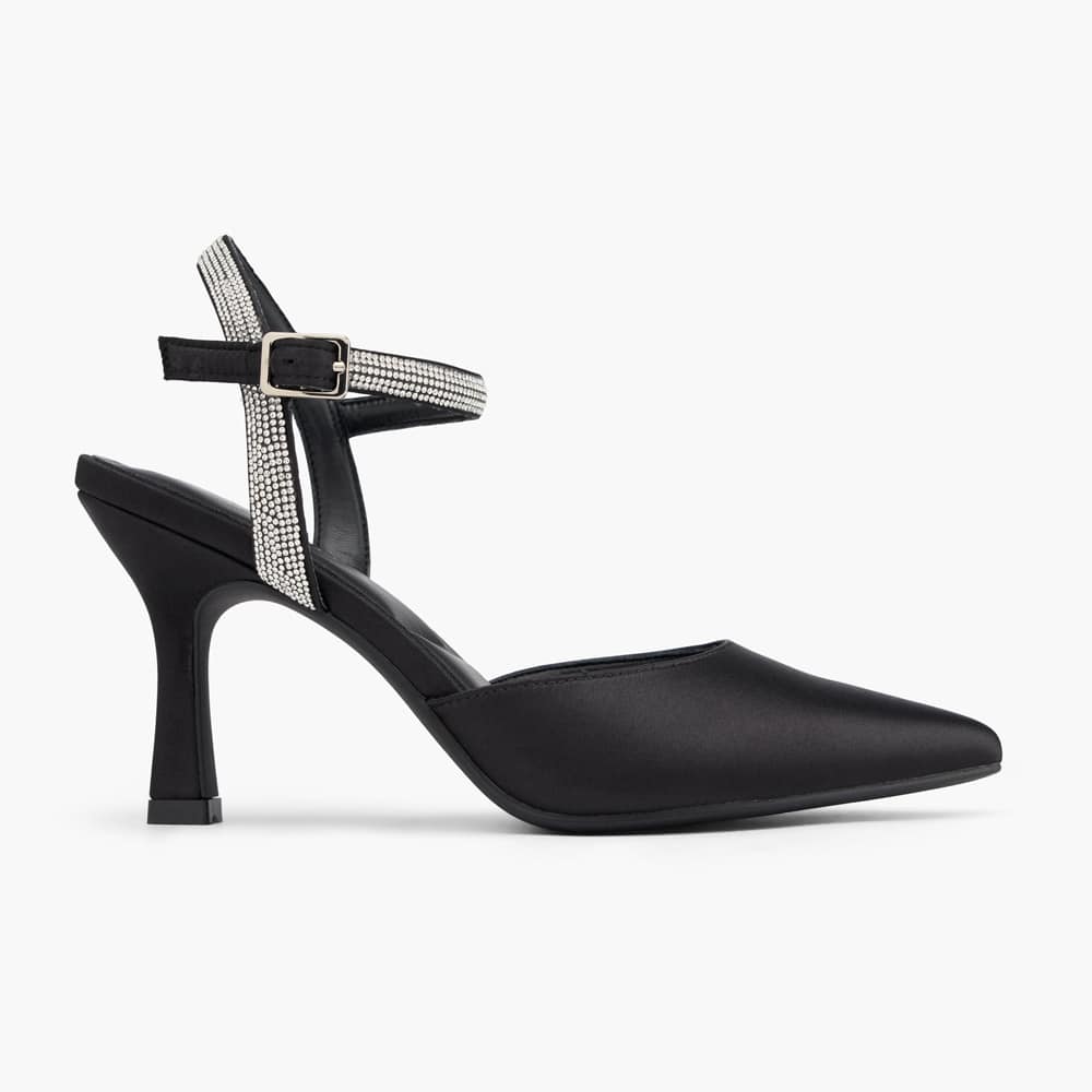 Eleganter schwarzer Pumps mit mehreren Schlaufen und Diamant-Applikationen