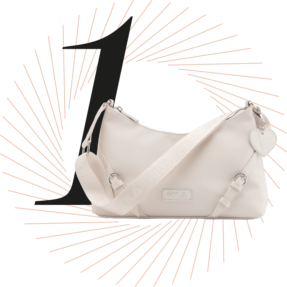 Weiße Crossbody Bag, schwarze Ziffer 1 im Hintergrund