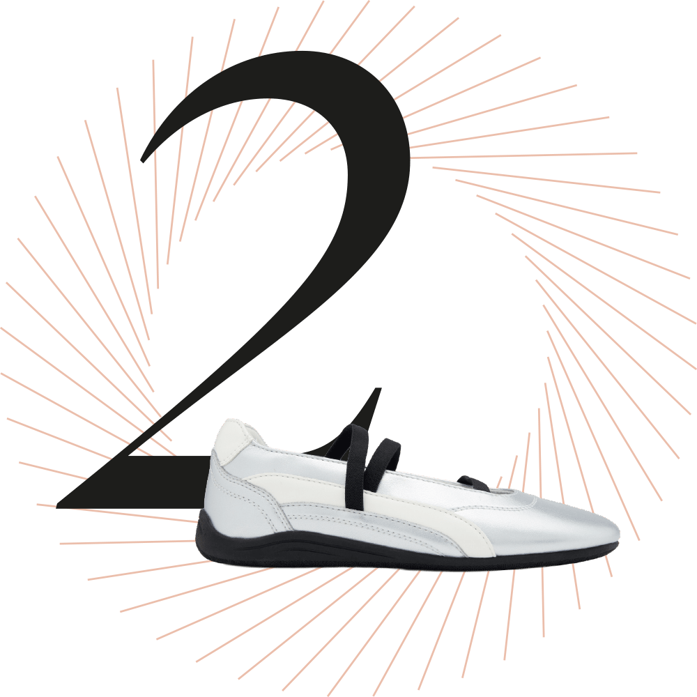 Weißer Ballerina-Schuh, schwarze Ziffer 2 im Hintergrund