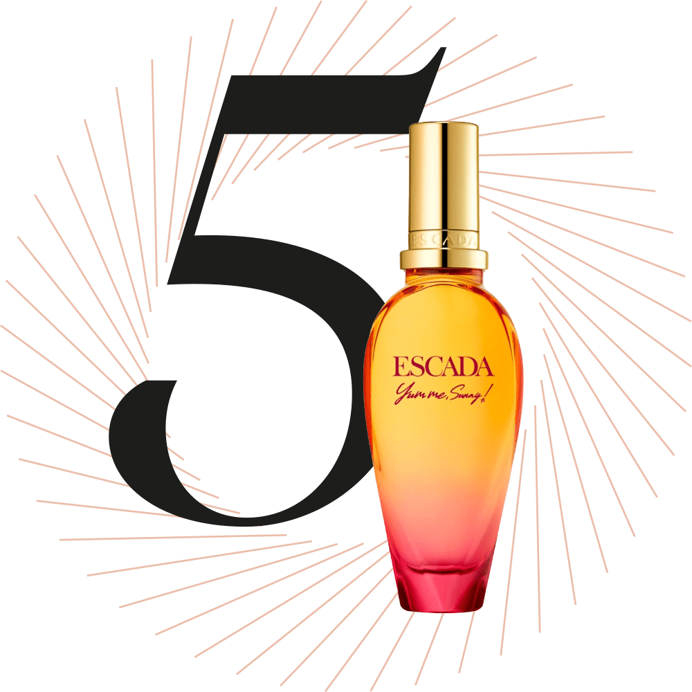 Escada-Perfümflasche in Gelb-Rot, schwarze Ziffer 5 im Hintergrund