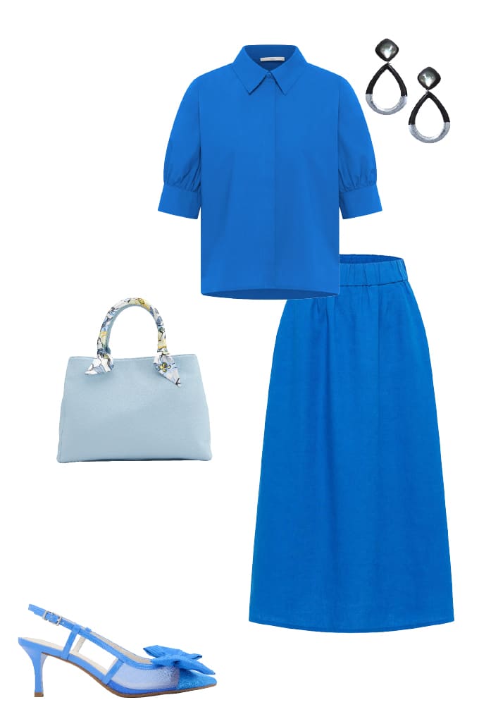 Outfit-Kombination für Sommerhochzeit, blaues Top mit langem Rock und hellblauer Handtasche