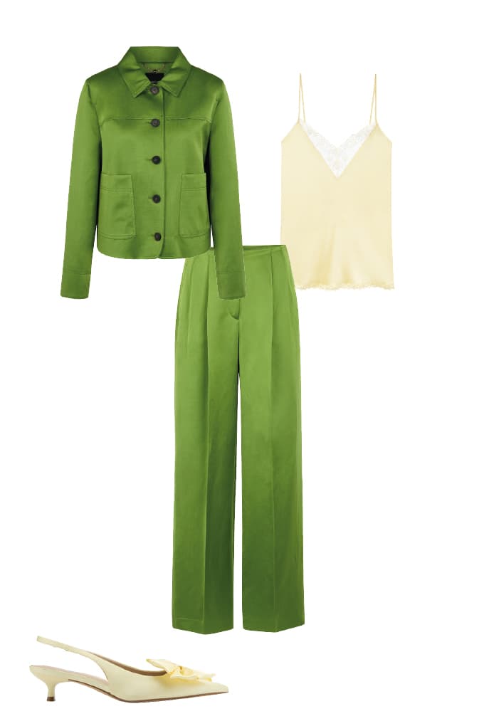Grüne Bluse mit passender Hose, kombiniert mit hellgelbem Top und Slingback