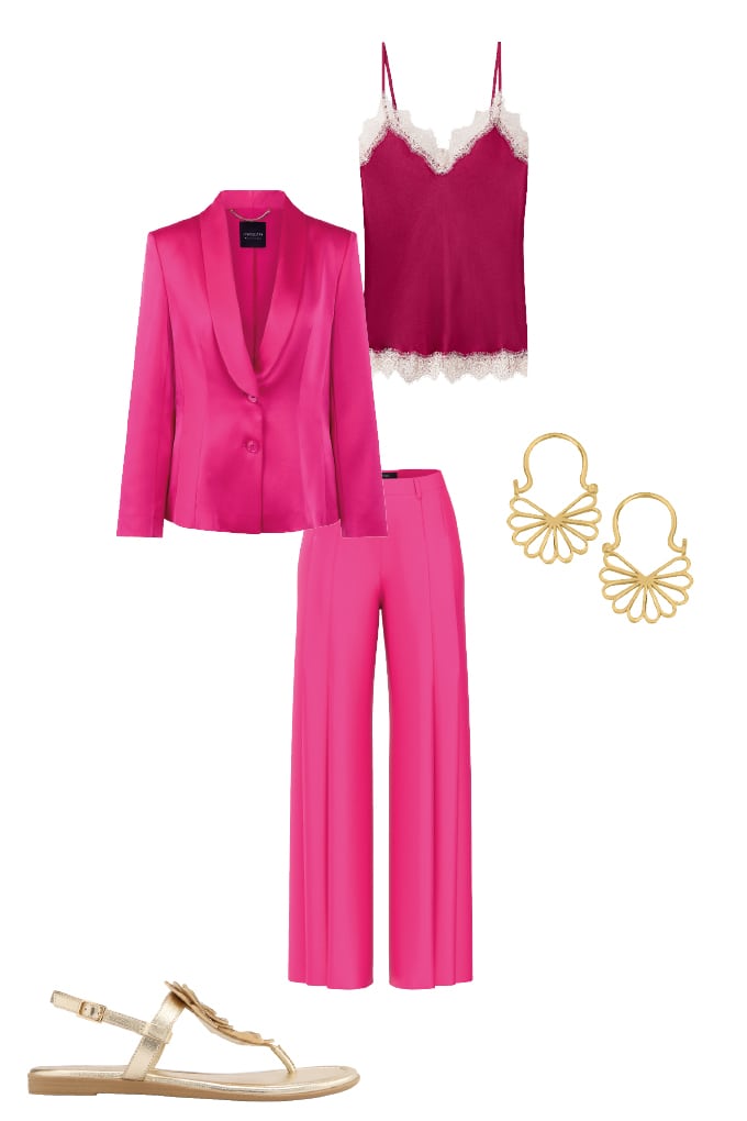 Pinker Zweiteiler mit Spitzentop und Statement-Ohrringen
