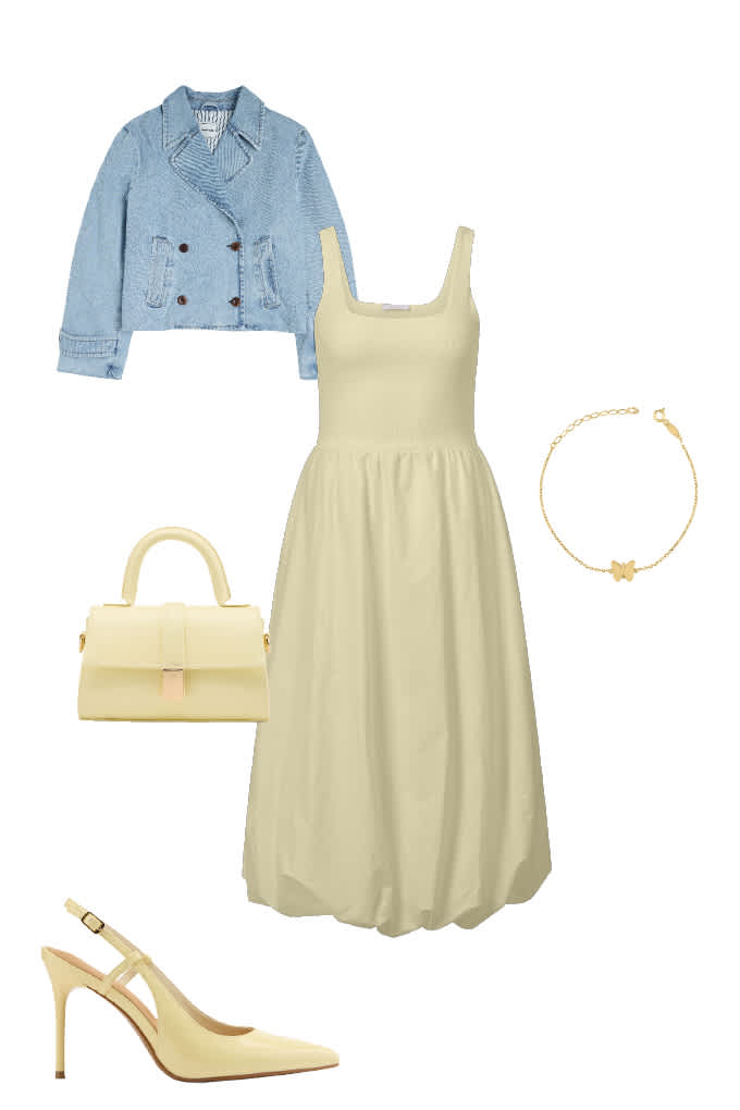 Hellgelbes Kleid zur Hochzeit, mit blauem Denim-Blazer und goldenen Sandalen