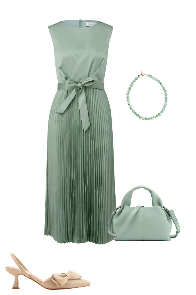 Salbeigrünes Kleid mit Schleife für Hochzeitsgäste mit passender Tasche