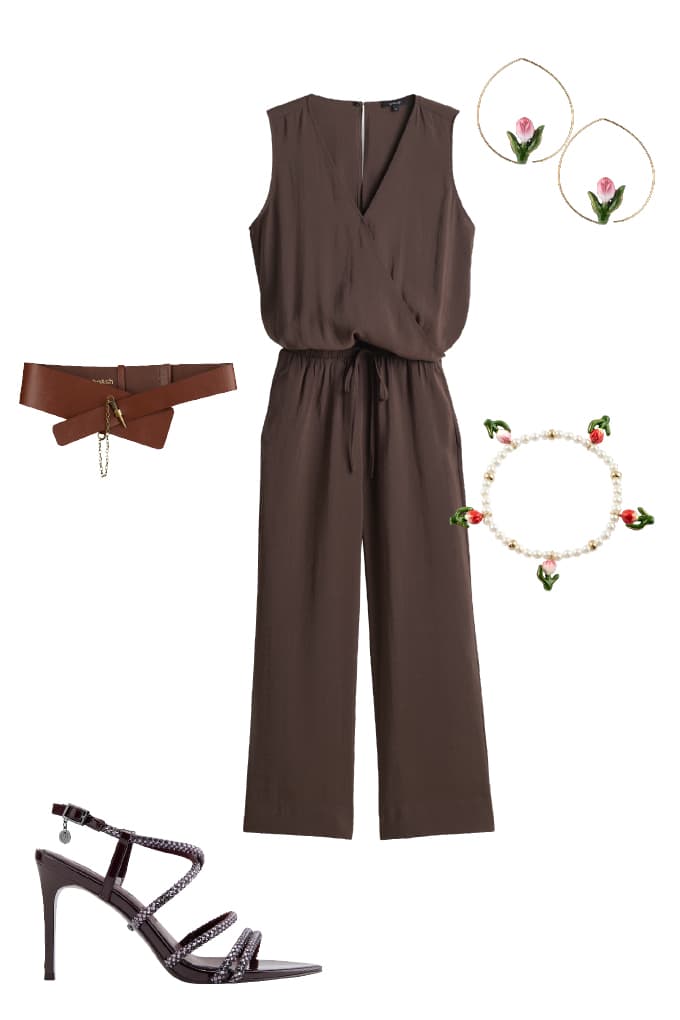 Brauner Jumpsuit mit Akzent-Gürtel, ideal für die Sommerhochzeit