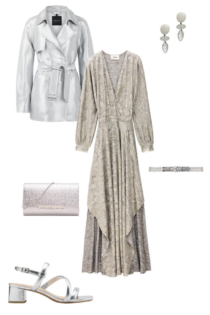 Silberfarbene Outfit-Kombination für Hochzeiten im Sommer