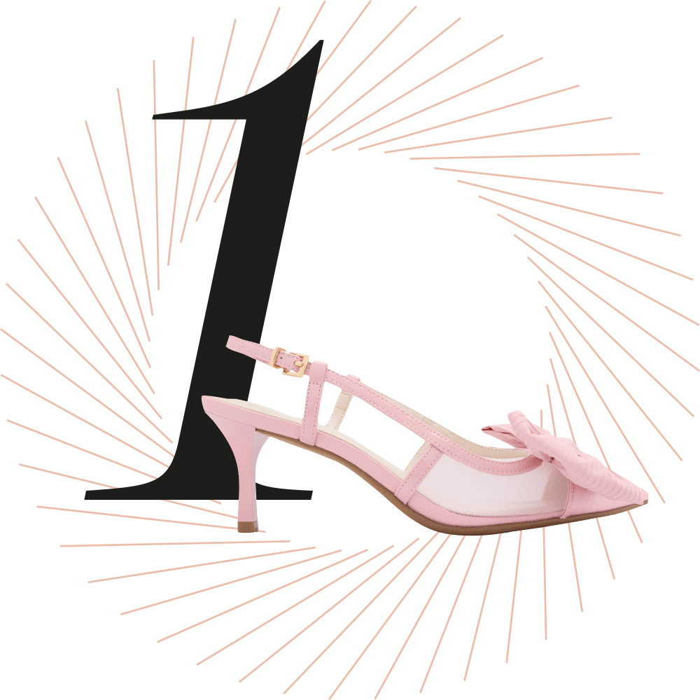 Slingpump in Pastell-Rosa, schwarze Ziffer 1 im Hintergrund