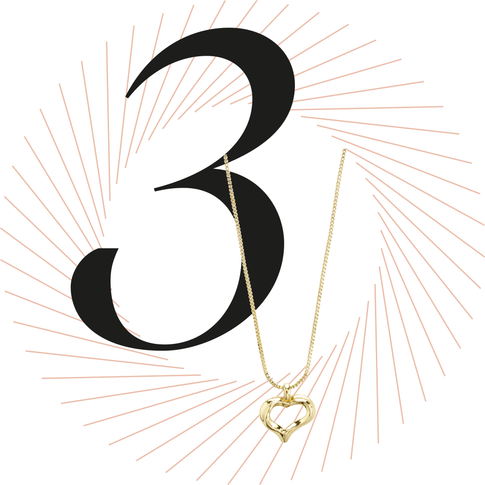 Goldene Halskette mit herzförmigem Anhänger zum Valentinstag, schwarze Ziffer 3 im Hintergrund