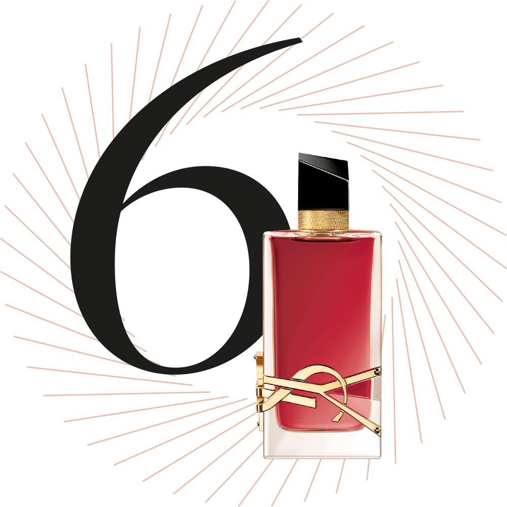 Rote Parfum-Flasche mit goldener Verzierung, schwarze Ziffer 6 im Hintergrund