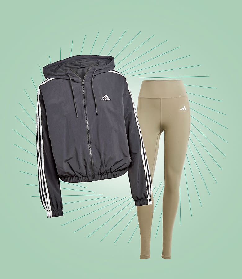 Zwei Produkte einer Athleisure-Kollektion von Adidas vor hellgrünem Hintergrund