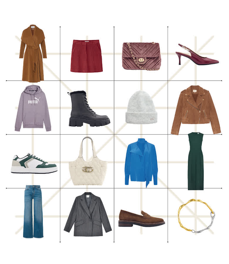 Collage mehrerer Modeartikel, passende Essentials für eine Capsule Wardrobe