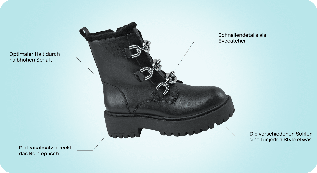 Schwarzer Biker Boot als Freisteller auf hellblauem Hintergrund, Texthinweise zum Schuh 