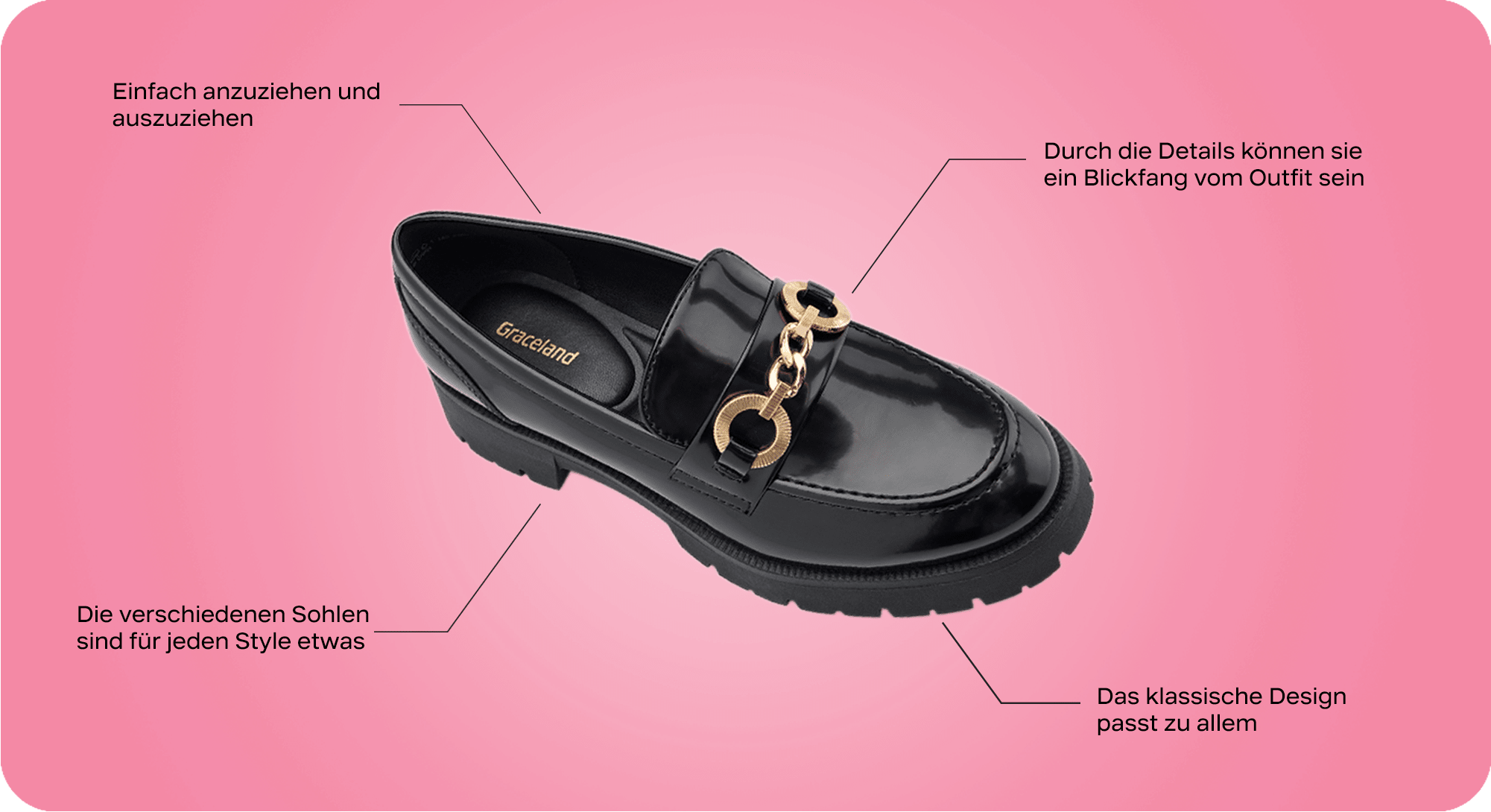 Schwarzer Loafer mit Kettendetails als Freisteller auf pinkfarbenem Hintergrund, Texthinweise zum Schuh 