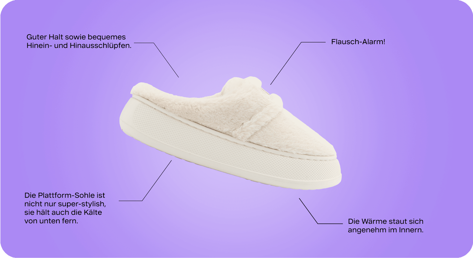 Weißer, flauschiger Hausschuh auf violettem Hintergrund, Texthinweise zum Schuh
