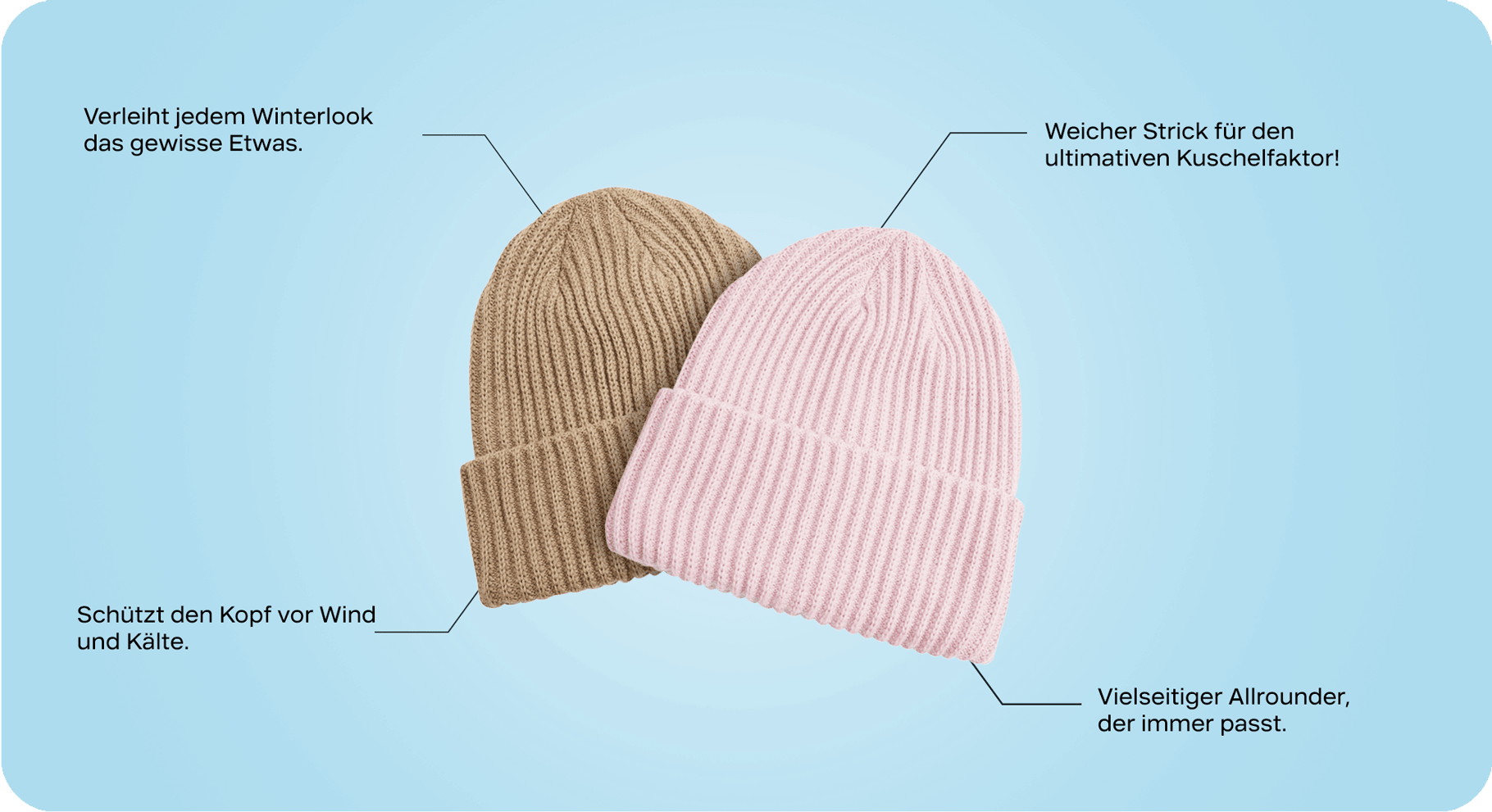 Braune und rose Strickmützen als Freisteller auf blauem Hintergrund, Texthinweise zu den Mützen